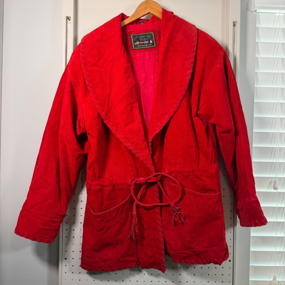 VTG International Outerwear Jacket Womens Red Leather Tie Waist Medium Western